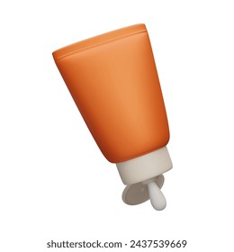 3D sunscreen cosmetic bottle squeezing SPF cream realistic vector. Orange sunblock cream tube, summer skincare treatment, sun safety cosmetic product, UV lights skin protection sunscreen cream.