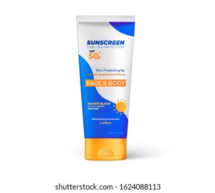 3d sunscreen cream packaging design on realistic plastic 3d tube isolated on white background