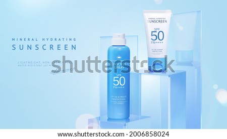3d sunscreen mock-up on glass display stand decorated with crystal plate. Ad template suitable for summer cosmetic product.