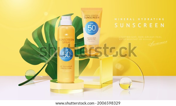 3d Sunscreen Mockup On Glass Display Stock Vector (royalty Free) 2006598329