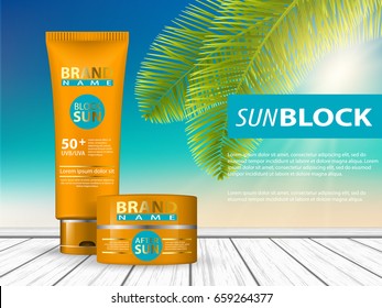 Protección solar 3d recipientes de cosméticos de protección solar de conjunto anaranjado ilustración vectorial - vectores de stock. Tubo realista de protección solar y spray - una plantilla para publicidad. Pantalla solar publicitaria y spray