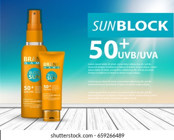 3d sunscreen protection sun care cosmetics containers orange set vector illustration - stock vector. Realistic tube of sunscreen and spray - a template for advertising. Advertising sunscreen and spray