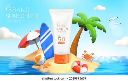 3d sunscreen tube ad. Illustration of a sunblock product on tropical island with surfboard, umbrella, and palm tree