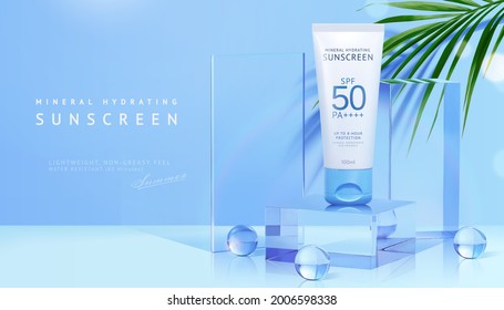 3d Sunscreen Tube Set On Glass Display Podium, Decorated With Crystal Balls, Cuboid And Palm Leaf. Ad Template Suitable For Summer Cosmetic Product.