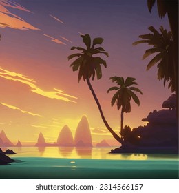 3d in sunset of beach island resort design wallpaper