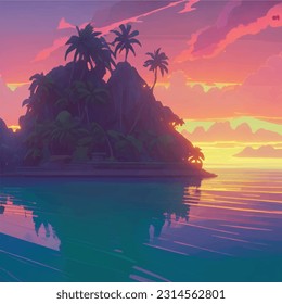 3d in sunset of clean marine beach island design wallpaper