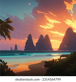 3d in sunset of modern ocean beach island design wallpaper