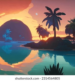 3d in sunset of natural beach island design wallpaper