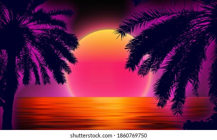 3d sunset on the beach. Retro palms vector sci fi background with ocean. Sun reflection in water. Futuristic landscape 1980s style. Digital landscape cyber surface. 80s party background.