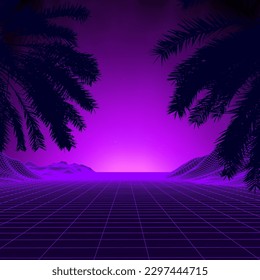 3d sunset on the beach. Retro palms vector sci fi background. Digital landscape cyber surface. 80s purple party background.