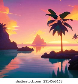 3d in sunset of vacation beach island design wallpaper