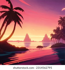 3d in sunset of vintage clean beach island design