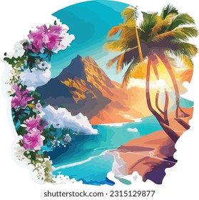 3d in sunset of vintage clean beach background wallpaper