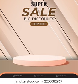 3d super sale banner social media template post with blank space podium for product with gradient pink and white background