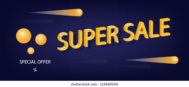 3d super sale banner. Special, big, mega discount program. Product promotion advertisement, modern background with flashes. Hot offer, spectacular, creative design. Modern poster for announcement.