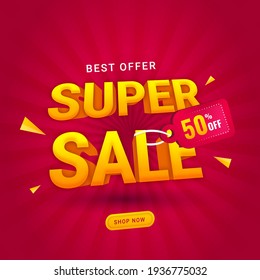 3D Super Sale Text With 50% Discount Tag On Purple Rays Background For Advertising Concept.