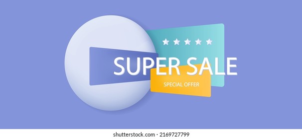 3d super sale, vector banner. Special, big, mega discount program. Product promotion advertisement, blue background, flyer. Hot offer, spectacular, creative design. Modern poster for announcement.