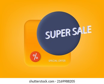 3d super sale, vector banner. Special, big, mega discount program. Product promotion advertisement, yellow background, flyer. Hot offer, spectacular, creative design. Modern poster for announcement.