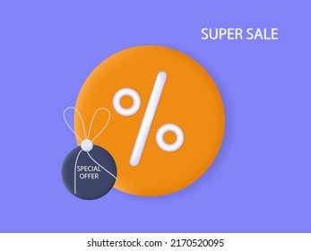 3d super sale, vector banner. Special, big, mega discount program. Product promotion advertisement, yellow background, flyer. Hot offer, spectacular, creative design. Modern poster for announcement.