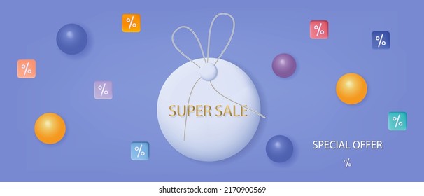 3d super sale, vector banner. Special, big, mega discount program. Product promotion advertisement, yellow background, flyer. Hot offer, spectacular, creative design. Modern poster for announcement.