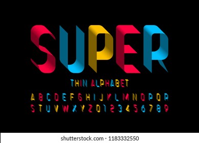 3D Super thin font design, alphabet letters and numbers vector illustration