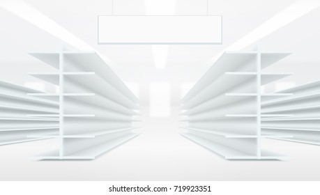 3D Supermarket Aisle With White Blank Empty Shelves. EPS10 Vector