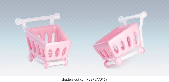 3D supermarket cart set isolated on transparent background. Vector realistic illustration of empty pink shop trolley for goods, retail shopping online, add to cart icon, website or app design element