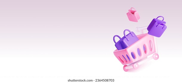 3D supermarket cart and shopping bags on blank banner background. Vector realistic illustration of pink shop trolley for goods, retail business, online store promo flyer, sale or discount advertising