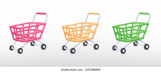 3d supermarket trolley. Render trolly cart empty hypermarket pushcart, isolated plasticine plastic wheel trolleys delivery gift shop ecommerce consumerism, tidy vector illustration of shop buy cart