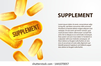 3D supplement capsule gold yellow illustration drop falling for healthcare industry, medical, science education poster banner template