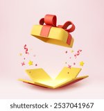 3d Surprise open Gift Box With Falling Confetti. Present box as prize concept. Christmas and New Year s surprise. Present box for birthday. 3d rendering. Vector illustration