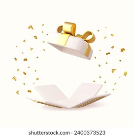 3d Surprise open Gift Box With Falling Confetti. Present box as prize concept. Christmas and New Year s surprise.  3d rendering. Vector illustration