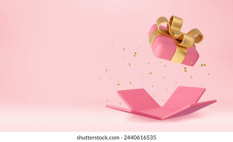 3d Surprise open Gift Box With Falling Confetti. Present box as prize concept. Christmas and New Year s surprise. Present box for birthday. 3d rendering. Vector illustration