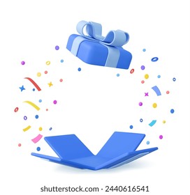 3d Surprise open Gift Box With Falling Confetti. Present box as prize concept. Christmas and New Year s surprise. Present box for birthday. 3d rendering. Vector illustration