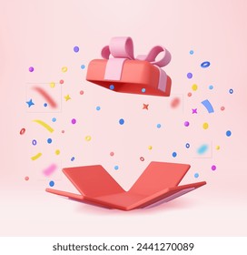 Caja de regalo abierta sorpresa 3d con confeti que cae. Presentar la caja como concepto de premio. La sorpresa de Navidad y Año Nuevo. Caja de regalo para cumpleaños. renderizado 3d. Ilustración de vector