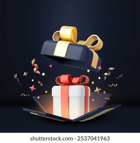 3d Surprise open Gift Box With Falling Confetti. Present box as prize concept. Christmas and New Year s surprise. Present box for birthday. 3d rendering. Vector illustration