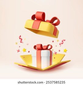 3d Surprise open Gift Box With Falling Confetti. Present box as prize concept. Christmas and New Year s surprise. Present box for birthday. 3d rendering. Vector illustration