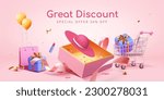 3D surprise sale advertising poster. Pink hats popping out from surprise box with unwrapped ribbon under, surrounded by shopping cart with gift, shopping bag, balloons, lipstick, and gift.