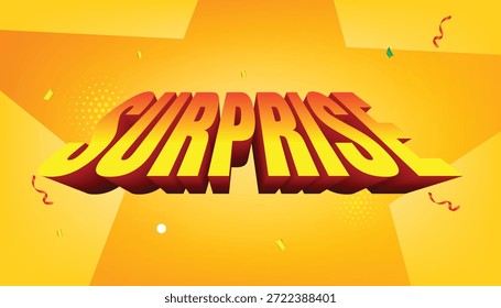 Texto sorpresa 3D sobre un fondo amarillo brillante con confeti, perfecto para promociones, ventas y ofertas especiales.