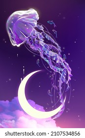 3d surreal marine fantasy design. Jellyfish flying in the night sky with cloud and glowing crescent moon in the back.