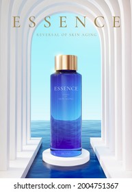 3d surreal scene design with luxury white marble arch corridor in the middle of blue ocean. Essence bottle mock-up set on podium. Concept of hydrating the skin.