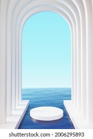 3d surreal scene design with luxury white marble arch corridor in the middle of blue ocean. Suitable for product display.