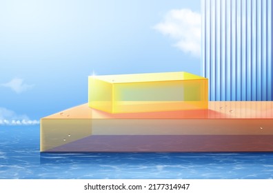 3d surreal summer beach scene design with product display stages. Square stage and large platform on the sea water with glass divider wall behind.