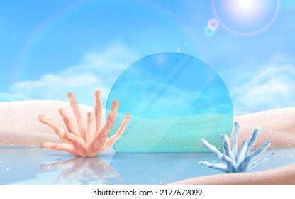 3d diseño surrealista de la escena de la playa de verano con arrecifes de coral, disco de vidrio circular y paisaje de colinas de arena. Adecuado para la visualización de productos.