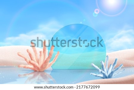 3d surreal summer beach scene design with coral reefs, circle glass disk and sand hill landscape. Suitable for product display.
