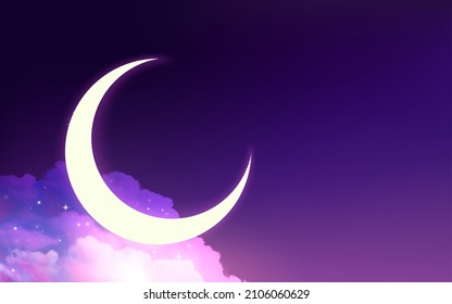 3d surreal violet midnight sky background with glowing crescent moon sitting on cloud.