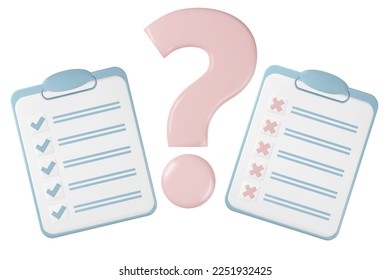 3d survey icon with question mark. Pass exam or fail vector illustration. Document with test or feedback form for business application.