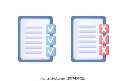 3d survey on a paper page. Form of a document or questionnaire with the result. Exam, сhecklist or quiz with checkbox accepted or rejected. Completed task, executed document or  result voting. Vector