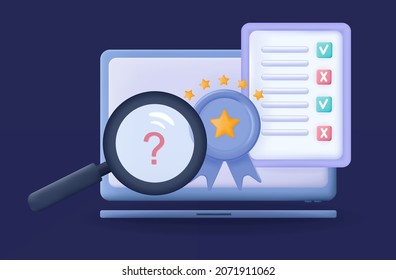 3d Survey Online. Searching Questions And Answers Quiz On The Laptop Screen. Digital Exam Or Online Test With Winner Results And Review. Electronic Checklist And Award, Paper Survey. Vector 