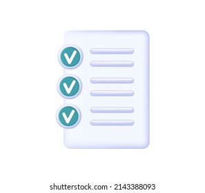 3d survey page or checklist. The result of an exam, test, or report. Correct answers on the paper page of the document. The concept of a completed task. Excellent positive result. Vector illustration